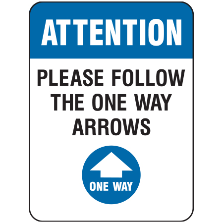 F030 Aluminum Sign 18" x 24"" Please Follow the One Way Arrows, white reflective aluminum physical distancing and covid sign with rounded corners - Inter-Mtn.. Click to expand image