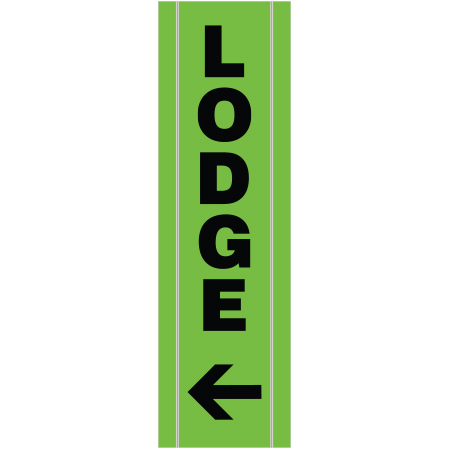 BV14 Lodge with Left Arrow, high visibility green vertical mesh banner 18x60, tear and mildew resistant high tenacity polyester, coated with fade resistant high vis green vinyl, grommets and sleeves on sides for bamboo poles. Click to expand image