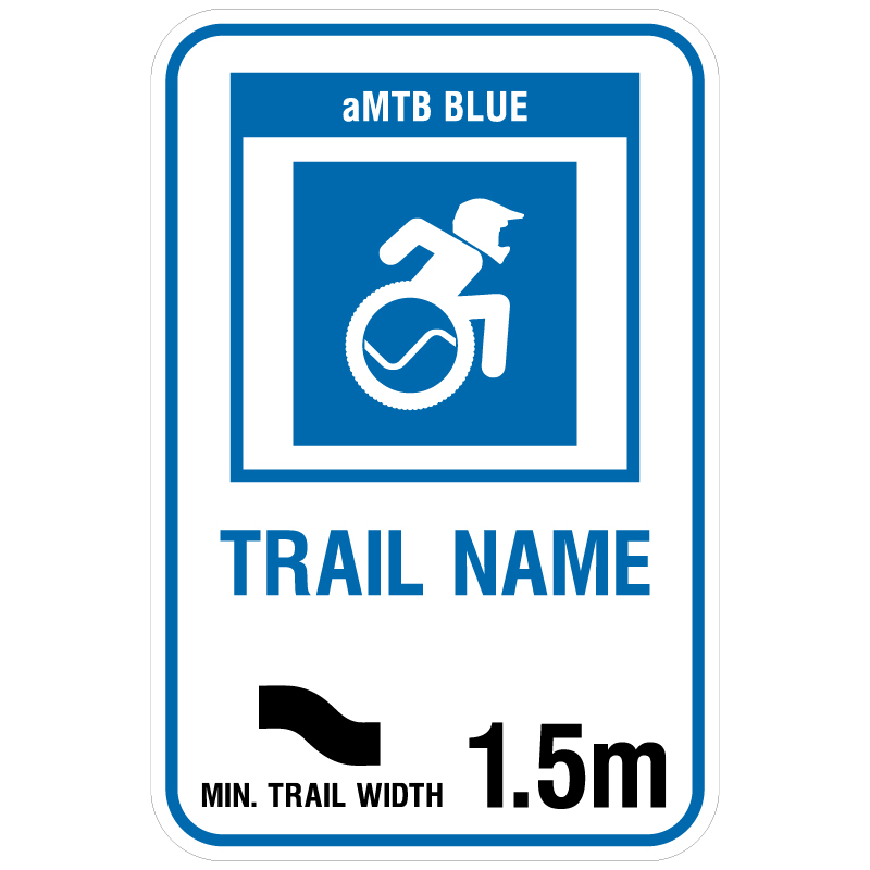 aMTB Blue - Intermediate features and steeper terrain. Signage for adaptive mountain biking technical trails shows trail designation. The aMTB symbol indicates accessibility for adaptive bikes/riders on adaptive bike-friendly aMTB trails on trail networks.. Click to expand image