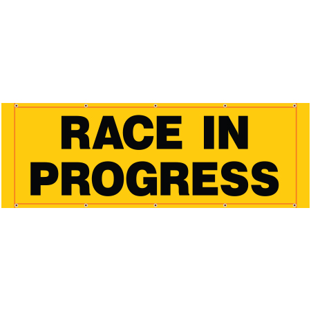 BH06 race in progress, high visibility yellow mesh banner 84x30, tear and mildew resistant high tenacity polyester, coated with fade resistant bright yellow vinyl, grommets and sleeves on sides for bamboo poles. Click to expand image