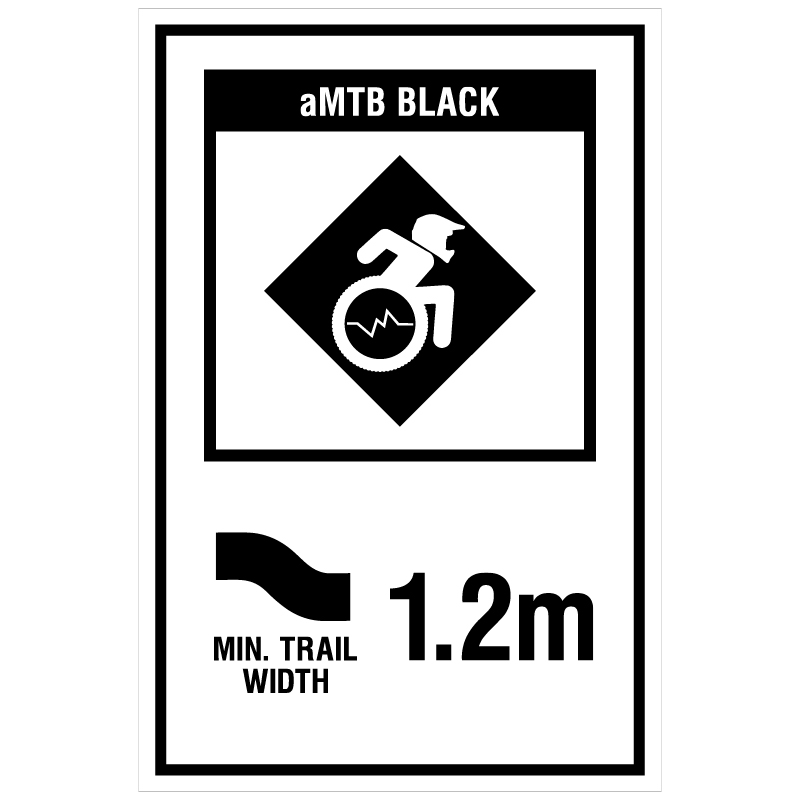 aMTB Black - Advanced obstacles exist, some trail obstructions. Signage for adaptive mountain biking technical trails shows trail designation. The aMTB symbol indicates accessibility for adaptive bikes/riders on adaptive bike-friendly aMTB trails on trail networks.