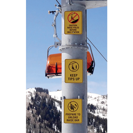 A08 18" x 24" Keep Tips Up Yellow Reflective Aluminum ANSI lift line sign for ski areas produced by Inter-Mtn. A10 18" x 24" Raise Restraint Device Yellow Reflective Aluminum ANSI chairlift sign for ski areas.. Click to expand image
