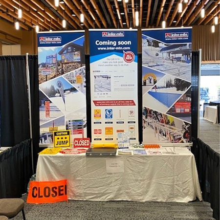 Promotional pop-ups stands are quick and easy assembly, interchangeable skins are all made with non-curling fabric, including full size exhibition backdrops - Inter-Mtn. Enterprises.. Click to expand image