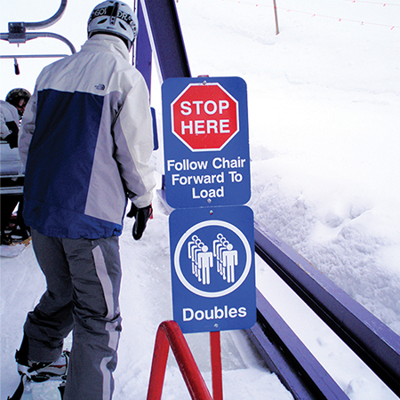 L122 Doubles Only 18" x 24" Blue Reflective Aluminum lift sign for ski areas - produced by Inter-Mtn.. Click to expand image