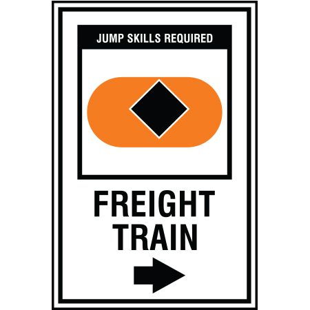 B209 12 x 18, Black Diamond Freeride Mountain Bike Trail Sign, Freight Train with Arrow, coroplast and 12 gauge sign grade aluminum sheeted with top quality, high performance print* or vinyl graphics, direct people in all trail systems, technical, cross-country, freeride, downhill, professional, difficulty levels, choose your symbol, custom, mountain bike risk and liability, safety, summer, trail, downhill.. Click to expand image