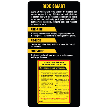 B881 Ride Smart with Mountain Biker's Responsibility Code 24" x 48", White or yellow coroplast, 12 gauge sign grade aluminum sheeted with top quality prismatic reflective, high performance print or vinyl graphics, important information, liability, you assume the risk of injury, mountain bike, bike park, trail sign.. Click to expand image