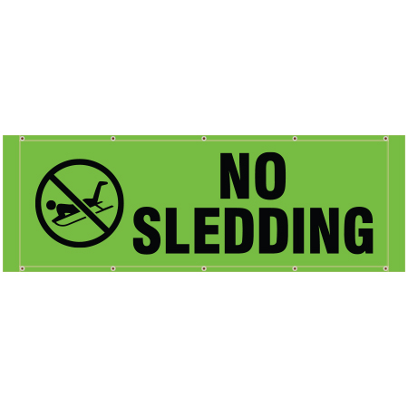 BH16 No Sledding, high visibility green mesh banner 84x30, tear and mildew resistant high tenacity polyester, coated with fade resistant high vis green vinyl, grommets and sleeves on sides for bamboo poles. Click to expand image