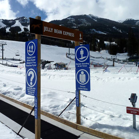 Z01 If Unfamiliar With Use of Lift Ask Attendant For Instructions, Z11 Secure Loose Items. Blue reflective aluminum CSA - Z98 sign with rounded corners - ski area sign - Inter-Mtn.. Click to expand image
