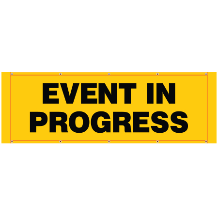 BH32 Event in Progress, high visibility yellow mesh banner 84x30, tear and mildew resistant high tenacity polyester, coated with fade resistant bright yellow vinyl, grommets and sleeves on sides for bamboo poles. Click to expand image