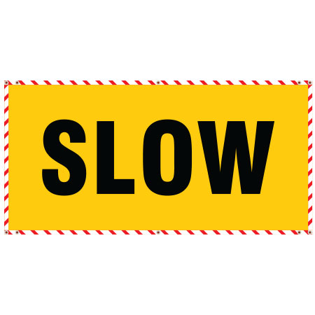 72" x 36" Yellow Banner Horizontal with Red/White Ticker Tape - grommets no pole pockets - Slow. Click to expand image