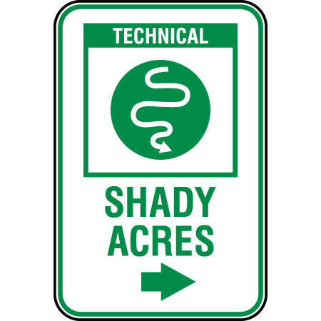 B221 12 x 18, Green Technical Mountain Bike Trail Sign, Shady Acres with Arrow, coroplast and 12 gauge sign grade aluminum sheeted with top quality, high performance print* or vinyl graphics, direct people in all trail systems, technical, cross-country, freeride, downhill, professional, difficulty levels, choose your symbol, custom, mountain bike risk and liability, safety, summer, trail, downhill.. Click to expand image