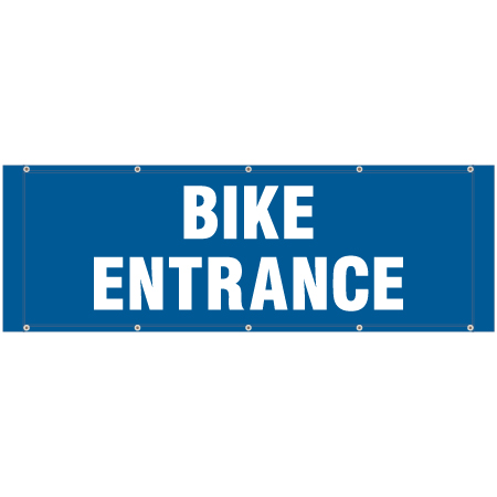 BH52 Bike entrance. High visibility blue mesh banner 84x30, tear and mildew resistant high tenacity polyester, coated with fade resistant high vis orange vinyl, grommets and sleeves on sides for bamboo poles.. Click to expand image