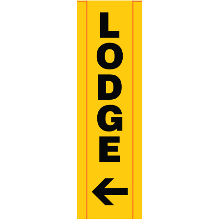 BV14 Lodge with Left Arrow, high visibility yellow vertical mesh banner 18x60, high visibility yellow mesh banner 84x30, tear and mildew resistant high tenacity polyester, coated with fade resistant bright yellow vinyl, grommets and sleeves on sides for bamboo poles. Click to expand image