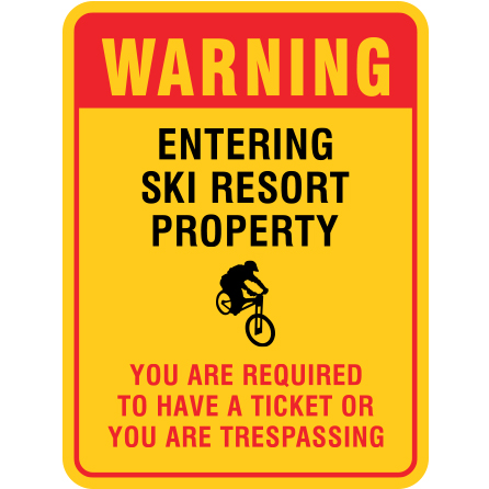 B616, 18 x 24, warning, entering ski resort property, required to have a ticket, Mountain bike risk and liability, safety, summer, trail, downhill, available on white or yellow coroplast and 12 gauge sign grade aluminum sheeted with top quality, high performance print* or vinyl graphics.. Click to expand image