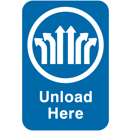 L313 Unload Here with Arrows Pointing Ahead 12" x 18" Blue Reflective Aluminum lift sign for ski areas - produced by Inter-Mtn.. Click to expand image