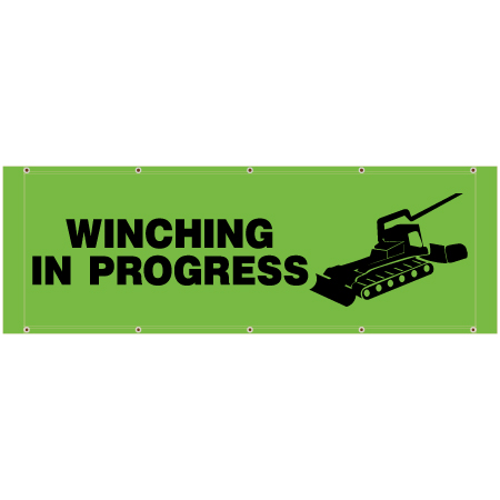 Winching in progress banner on high visibility green banner for ski resorts with pole pockets and grommets. Click to expand image