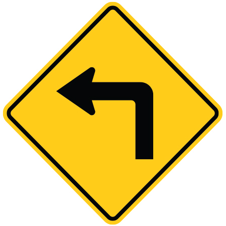 W-002 Warning sharp curve left, 24 x 24, 30 x 30. Reflective aluminum, traffic sign for all parks, recreational facilities, municipal, city, town. Rules and conditions of your specific area, jurisdiction, produced by Inter-Mtn.. Click to expand image