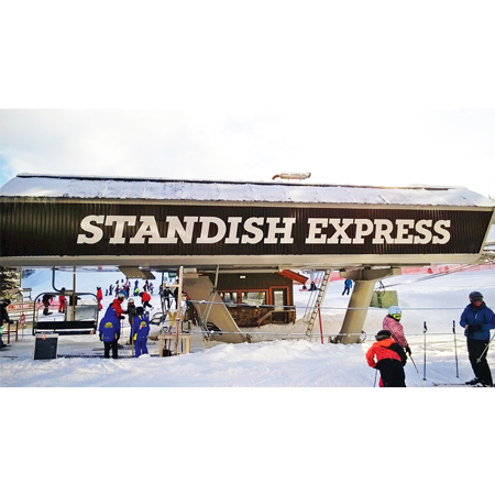 Custom designed signs identify lifts and buildings. Logos provide photo and branding opportunities. Aluminum panels or cut metal letters and logos.. Click to expand image