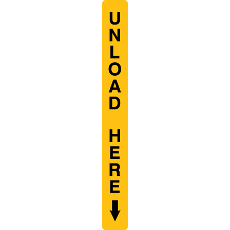 A11 Unload Here - Vertical 4" x 36" Yellow Reflective Aluminum ANSI chairlift sign for ski areas produced by Inter-Mtn.. Click to expand image