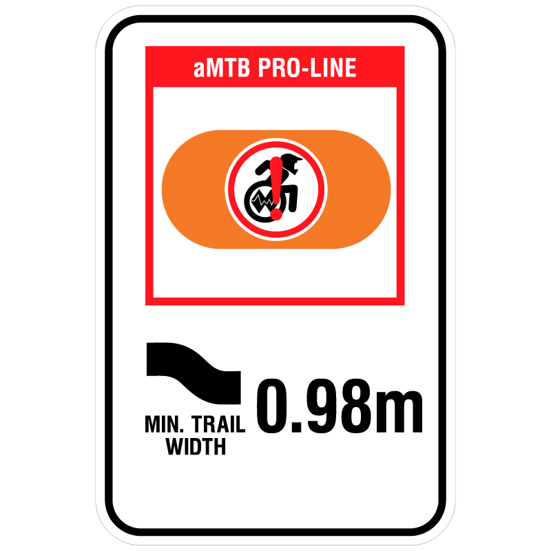 aMTB Pro-Line - Extreme trail features not suitable for most adaptive equipment. Signage for adaptive mountain biking freeride trails shows trail designation surrounded by an orange pill. The aMTB symbol indicates accessibility for adaptive bikes/riders on adaptive bike-friendly aMTB trails on trail networks.. Click to expand image
