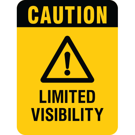 S111 - Caution Limited Visibility Aluminum Sign - Black bar on top with Caution written in yellow then on a yellow background there is a symbol to draw attention (triangle with exclamation point) and Limited Visibility is written below
