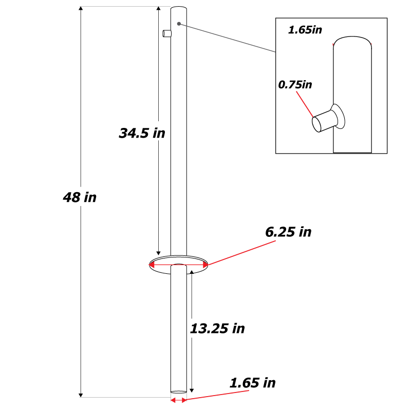 The aluminum lineup post is a space-saving solution for loading areas in the winter. This image shows the dimensions. Click to expand image
