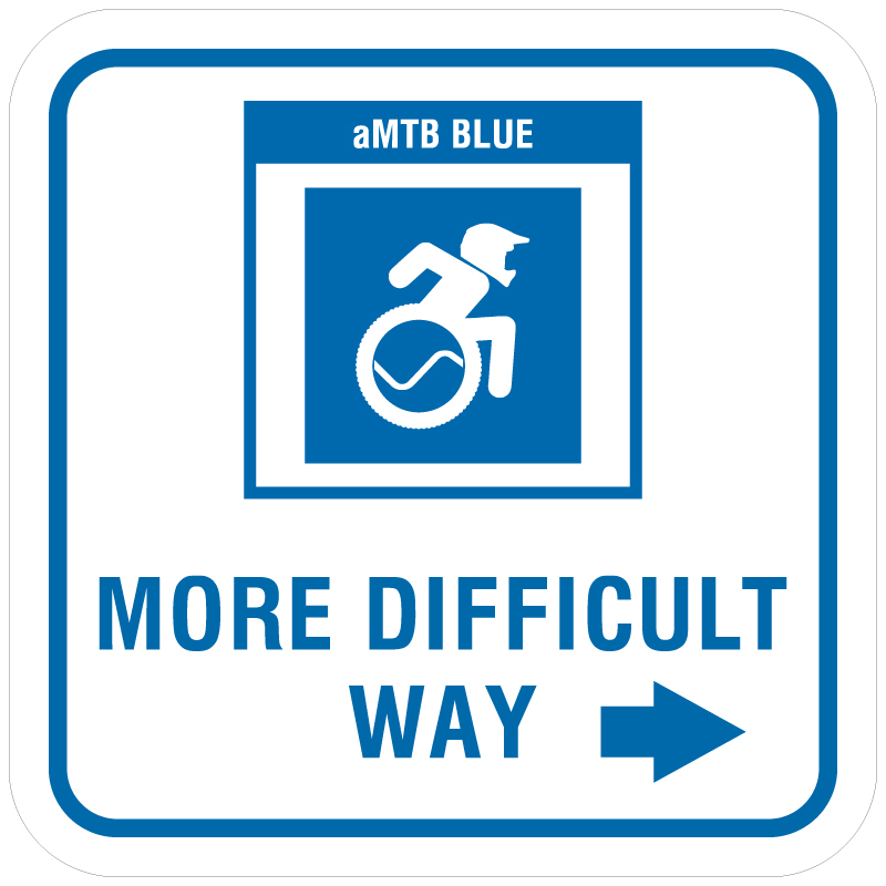 aMTB Blue - Intermediate features and steeper terrain. Signage for adaptive mountain biking technical trails shows trail designation. The aMTB symbol indicates accessibility for adaptive bikes/riders on adaptive bike-friendly aMTB trails on trail networks.. Click to expand image
