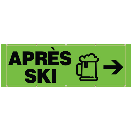 BH35 Après Ski Arrow Pointing Right, high visibility green mesh banner 84x30, tear and mildew resistant high tenacity polyester, coated with fade resistant high vis green vinyl, grommets and sleeves on sides for bamboo poles. Click to expand image