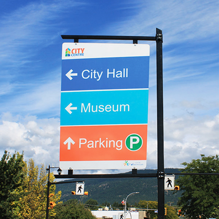 Way-finding and directional signs are available in various substrates: decals, acrylic, aluminum, and wood. Made using high quality products, digital printing, and high performance vinyl.. Click to expand image