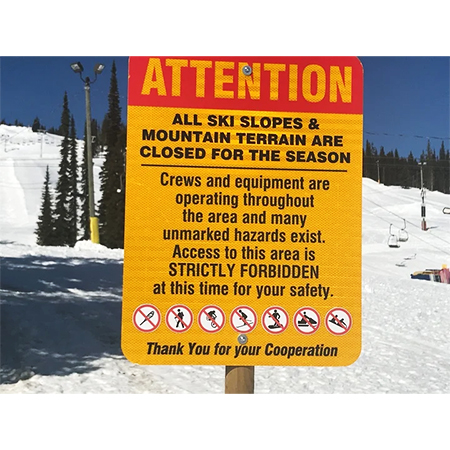 H611 18" x 24" Attention - All ski slopes & mountain terrain are closed for the season, yellow reflective aluminum closure sign with rounded corners - ski area sign - Inter-Mtn.. Click to expand image