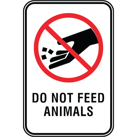R107 Do Not Feed Animals 12 x 18, White Reflective Aluminum Sign, simple message for all parks and recreational facilities. Signs can be easily adapted to BC Parks, Parks Canada, rules and conditions of your specific area, jurisdiction, produced by Inter-Mtn.. Click to expand image