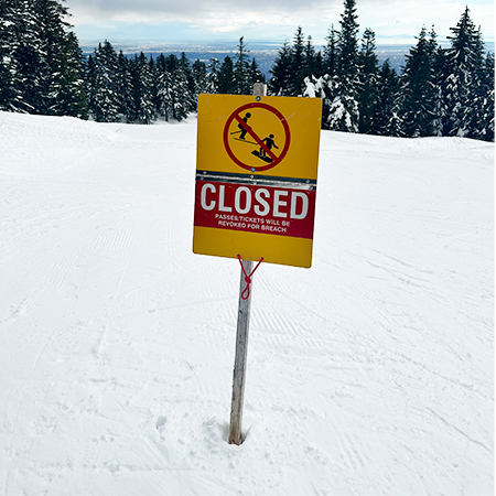 H314 18" x 24" Flip Sign - Closed / Trail Open, yellow reflective aluminum closure sign with rounded corners - ski area sign - Inter-Mtn.. Click to expand image
