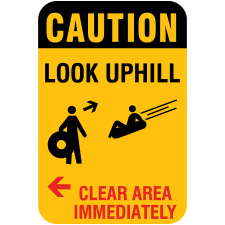L607 Look Uphill Clear Area Immediately 12" x 18" Yellow Reflective Aluminum tubing sign for ski areas - produced by Inter-Mtn.. Click to expand image