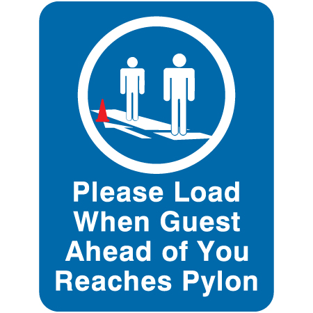 L507 Please Load When Guest Ahead of You Reaches Pylon - with Conveyor Symbol 18" x 24" Blue Reflective Aluminum lift sign for ski areas - produced by Inter-Mtn.. Click to expand image
