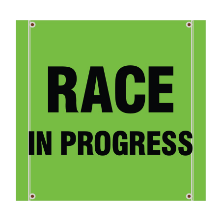 BS10 Race In Progress, high visibility green square mesh banner 30x30, tear and mildew resistant high tenacity polyester, coated with fade resistant high vis green vinyl, grommets and sleeves on sides for bamboo poles. Click to expand image