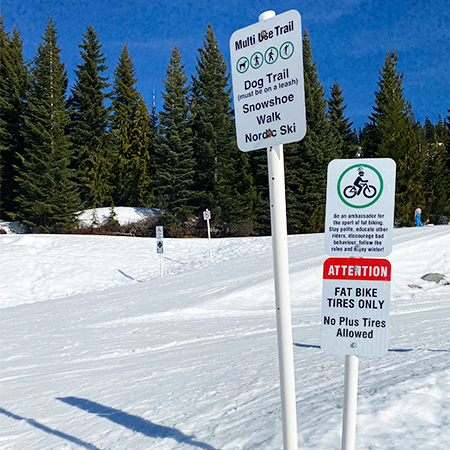 W208 Multi Use Trail 18" x 24", White reflective aluminum winter adventure sign with rounded corners - ski area sign. W272 Fat Bikes Be An Ambassador 18" x 24", White reflective aluminum winter adventure sign with rounded corners - ski area sign. W279 Attention - Fat Bike Tires Only 18" x 24", White reflective aluminum winter adventure sign with rounded corners - ski area sign - Inter-Mtn.. Click to expand image