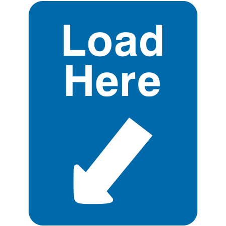 L213 Load Here with diagonal arrow LEFT (Provide Arrow Direction) 18" x 24" Blue Reflective Aluminum lift sign for ski areas - produced by Inter-Mtn.. Click to expand image