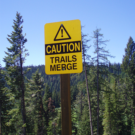 H108 CAUTION Trails Merge 18" x 24" Yellow Reflective Aluminum Sign produced by Inter-Mtn.. Click to expand image