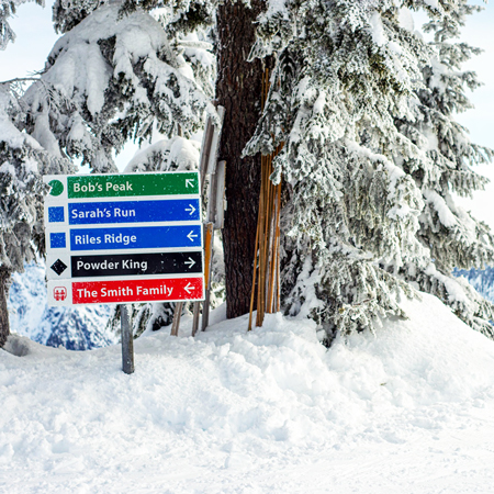 Durable and built to withstand harsh mountain environments. While easy to read, trail programs are designed primarily to assist your guests. Standard re-turned 12 gauge sign grade aluminum and high performance vinyl; resistant to fading, bending, cracking, and rodents. Complementary programs for nordic, fat bike, and snowshoe trails. Available in flat aluminum or wood sign systems with custom programs.. Click to expand image