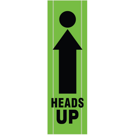BV08 Heads Up, high visibility green vertical mesh banner 18x60, tear and mildew resistant high tenacity polyester, coated with fade resistant high vis green vinyl, grommets and sleeves on sides for bamboo poles. Click to expand image